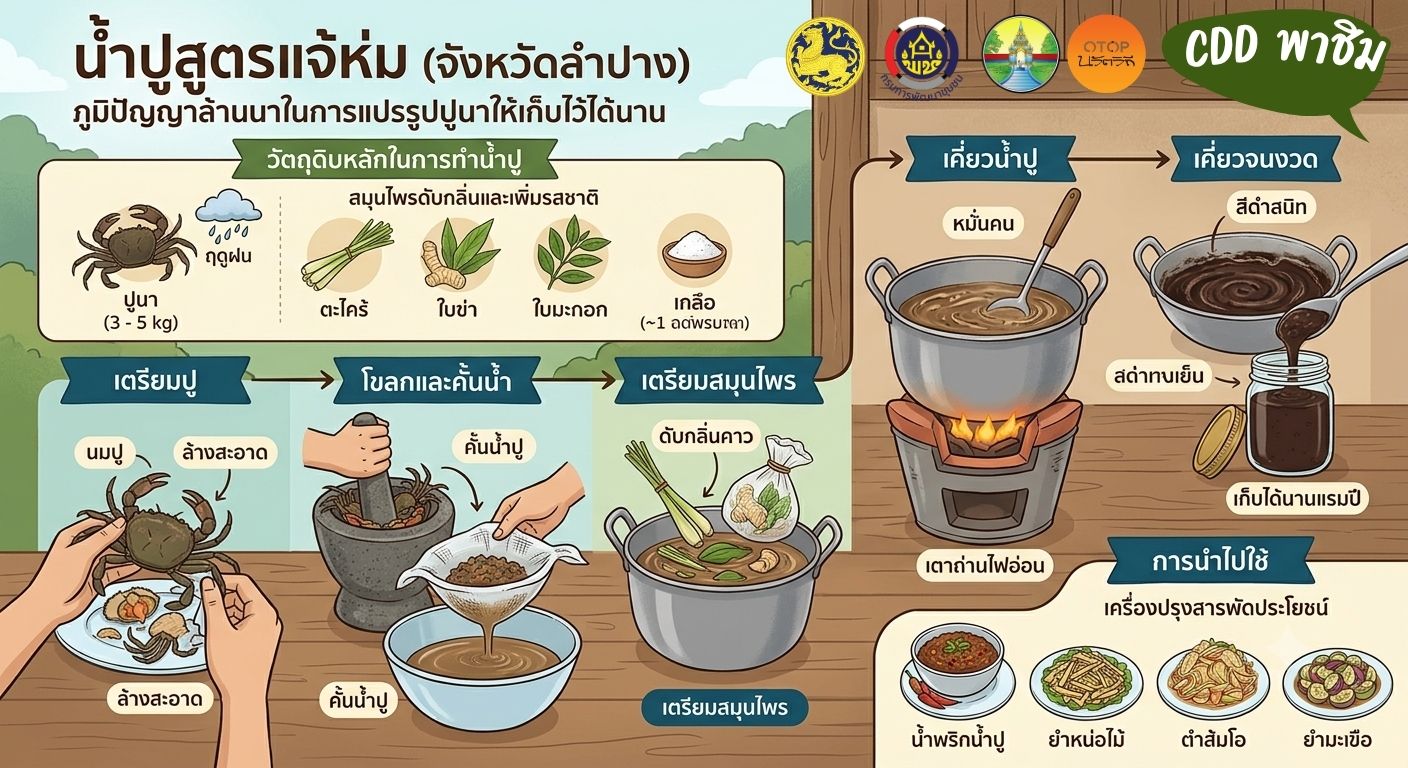 พช. แจ้ห่ม : เชิญชิมน้ำปู๋แจ้ห่ม  น้ำปู (หรือน้ำปู๋) ของอำเภอแจ้ห่ม จังหวัดลำปาง